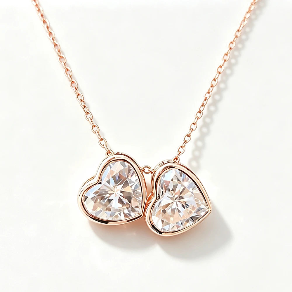 1CT 2CT Heart Shaped Moissanite Pendant Necklace for Women Two Stone Bezel Set Lab Diamond S925 Silver Daily Wear Jewelry Gifts