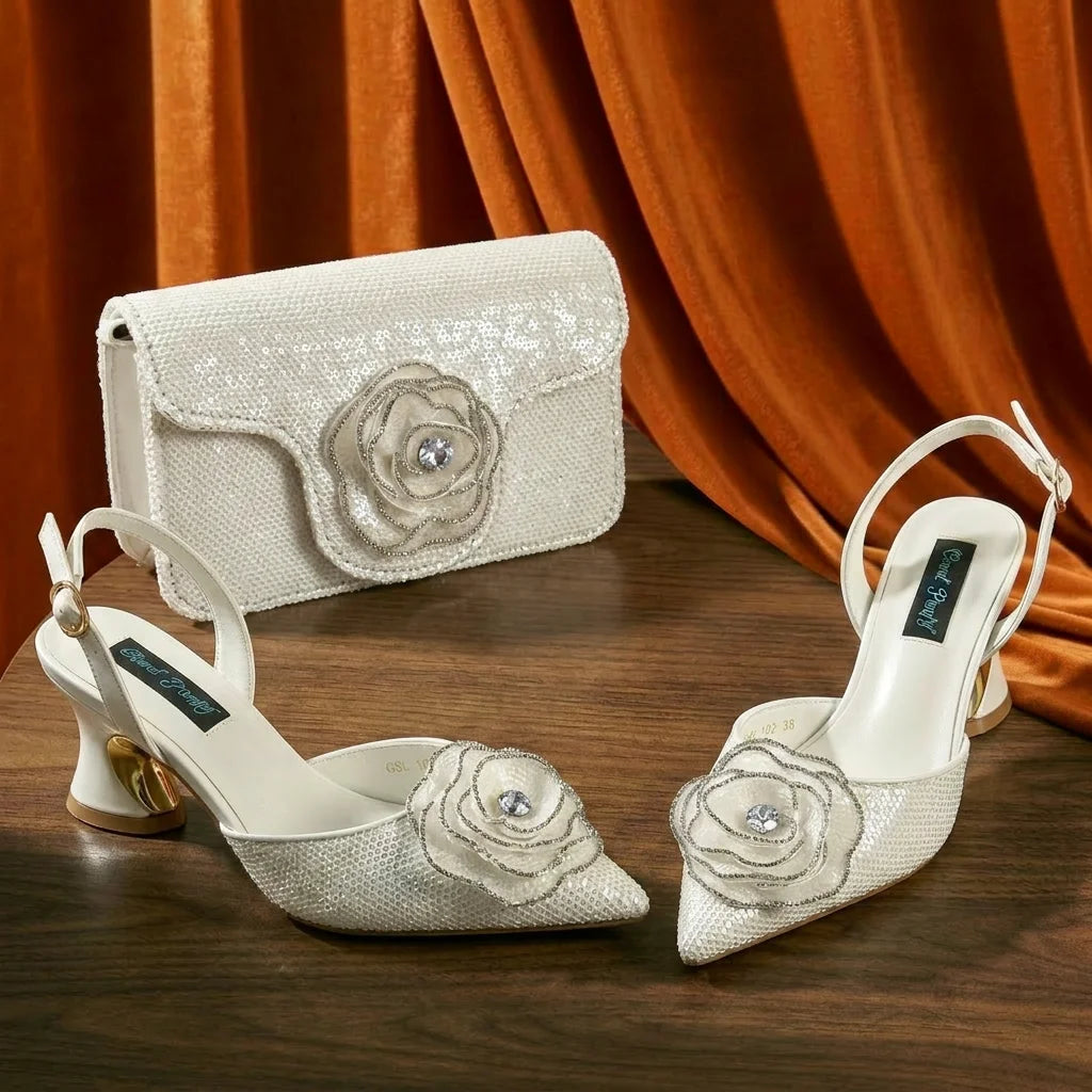 New Arrival Elegant Full of Rhinestone Flower Design Style White Color Party Wedding Pointed Toe Women Shoes and Bag Set
