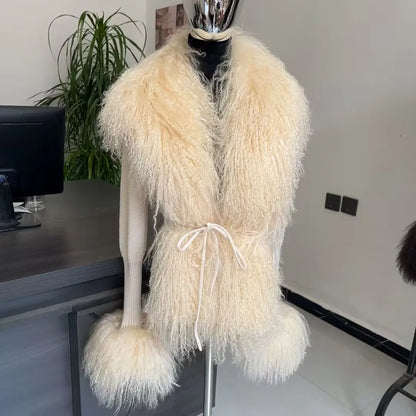 Mongolian Wool Knitted Cardigan Women's Brown Autumn Winter Knitted Cardigan Paired with Real Mongolian Wool Collar Jacket