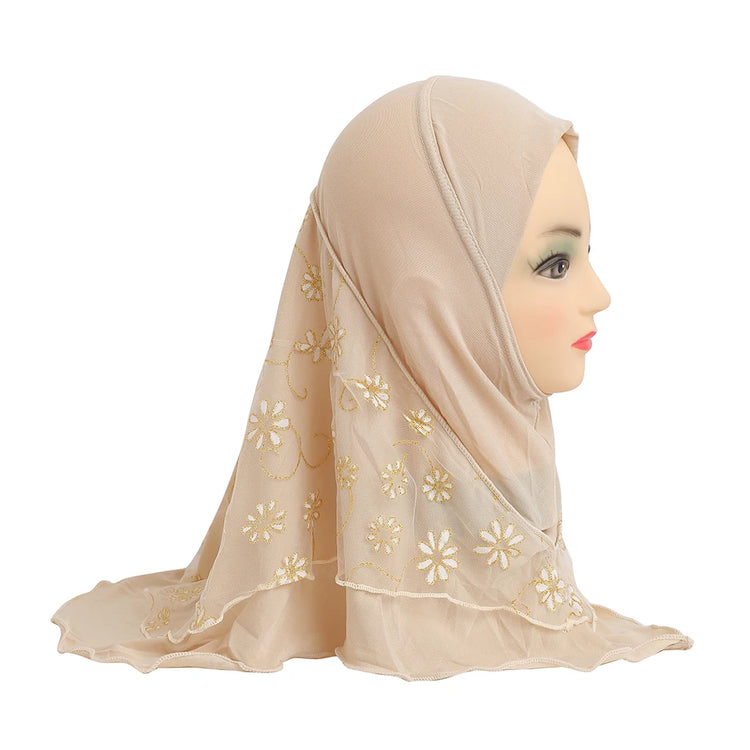 H043 beautiful small girl hijab with flower net cute hijab hats women's caps can fit 2-6 years old girls muslim baby headscarf
