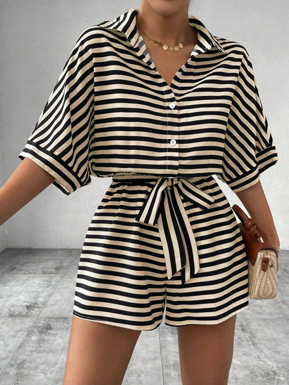 Women One Piece Short Sleeve Striped Overalls Shorts Pants Elastic Waist Turn Down Collar Rompers