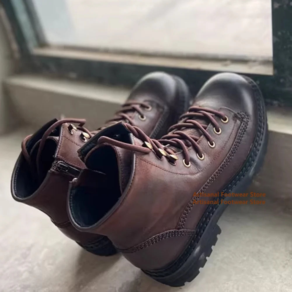 Vintage Thick-Soled Zipper Boots for Men Genuine Leather High-Top Brown Leather Trendy Handmade British Style Men's Boots