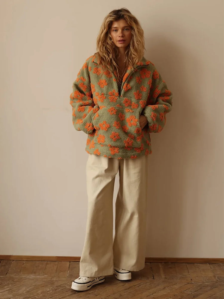 Shake Grain Velvet Flower Hoodie 2025 Autumn And Winter New Fashion Hoodie, Warm Furry Hoodie, Woolen Sweater For Women