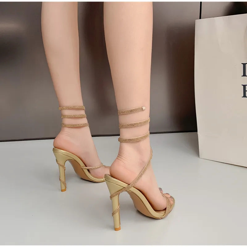 Luxury Crystal Snake Coiled Women Sandals Sexy Narrow band Thin High heels Wedding Party Female Gladiator Sandals Summer Shoes