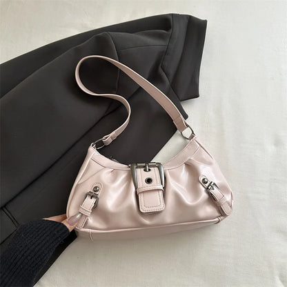 Fashion Pleated Lock Design Women's PU Shoulder Bags Simple Solid Color Ladies Underarm Bag Portable Cool Girls Phone Handbag