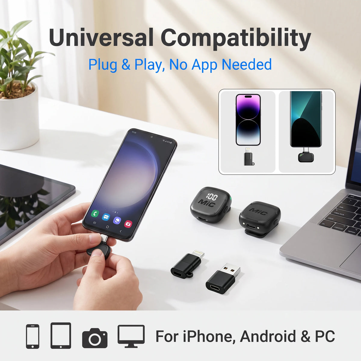 Mini Wireless Clip-On Microphone, Smart Noise Reduction, Long Battery Life, Perfect for Live Streaming, Podcasts, and Vlogs.