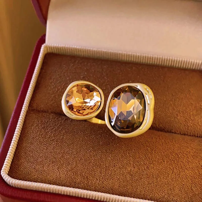Vintage Brown Crystal Elliptical Open Rings For Women Luxury Rhinestone Contrasting Geometric Adjustable Finger Ring Jewelry