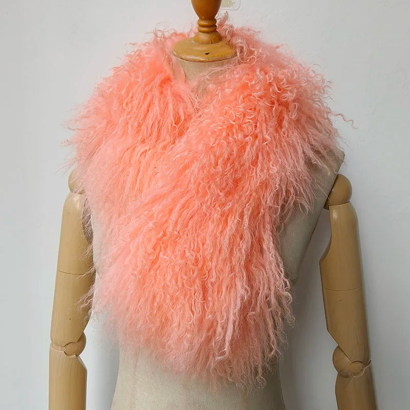 Women Winter Mongolia lamb Fur Scarf Short Luxury Ladies Warm Genuine Tibet Fur Scarves Female Middle Length Real Fur Collar