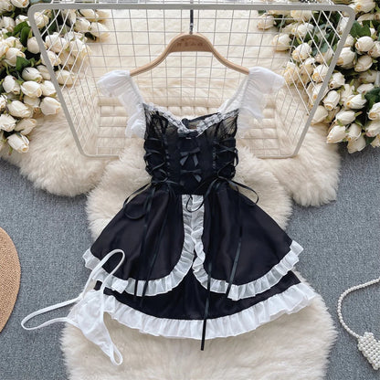 Summer Girls Sexy Hot Sweet Transparent Suspender Mini Dress Women Elastic Waist And Backless Strap Lolita Pajamas Bubble Skirt