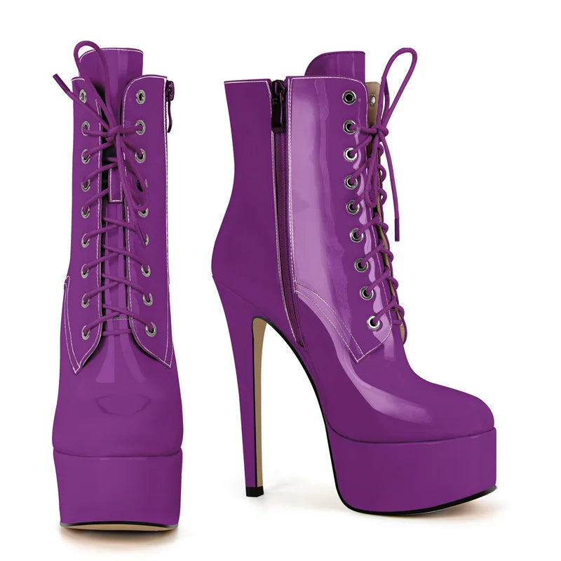 Onlymaker Women Round Toe Platform Lace-up Stiletto Printed Side Zipper Stiletto High Heel Ankle Boots