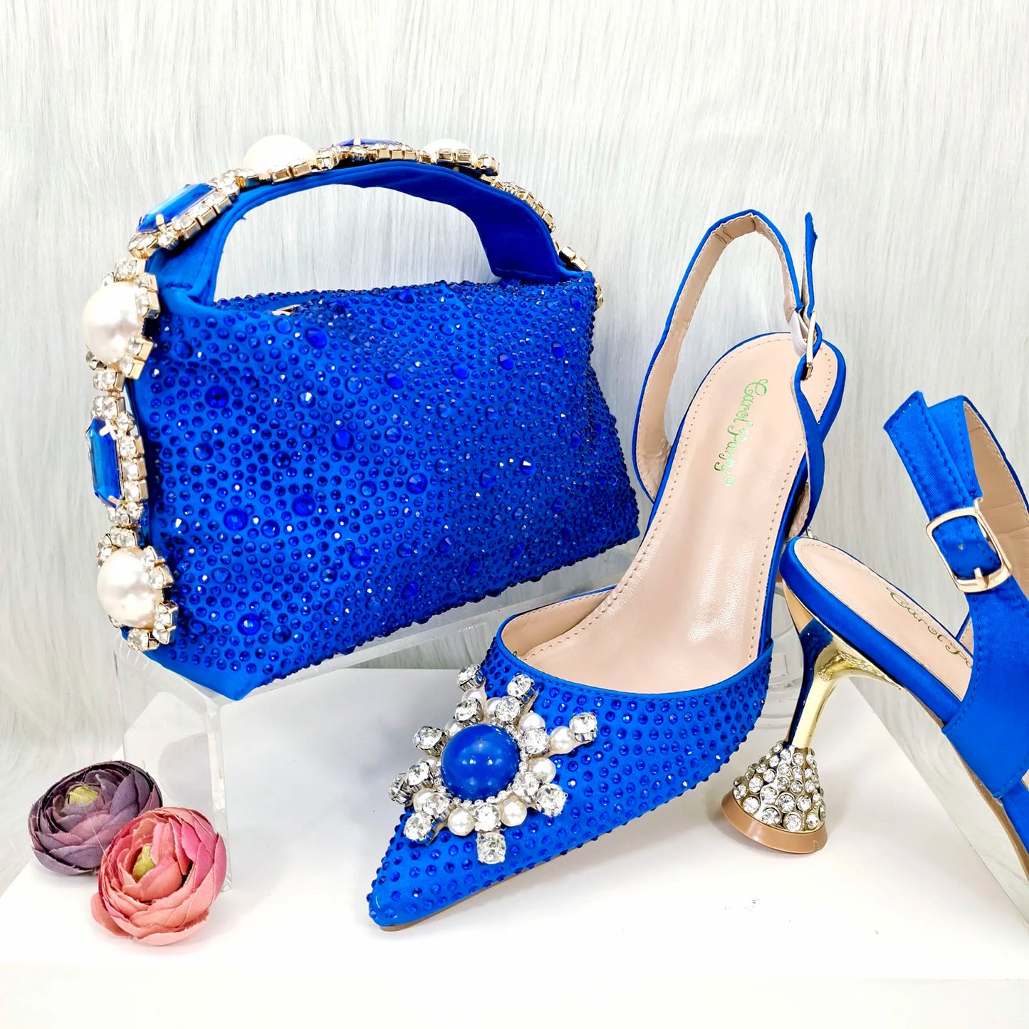 QSGFC 2023 New Fashion Purple Sandals Sequins Rhinestone Point Toe High Heels Slingback Women's Dress Women's Shoes & Bag Set