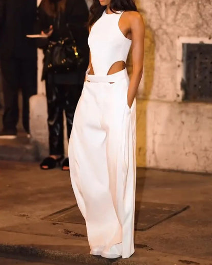 Fashion Jumpsuits For Women Summer O Neck Sleeveless Hollow Out Slim White Wide Leg Jumpsuit Girl High Street Chic Sexy Jumpsuit
