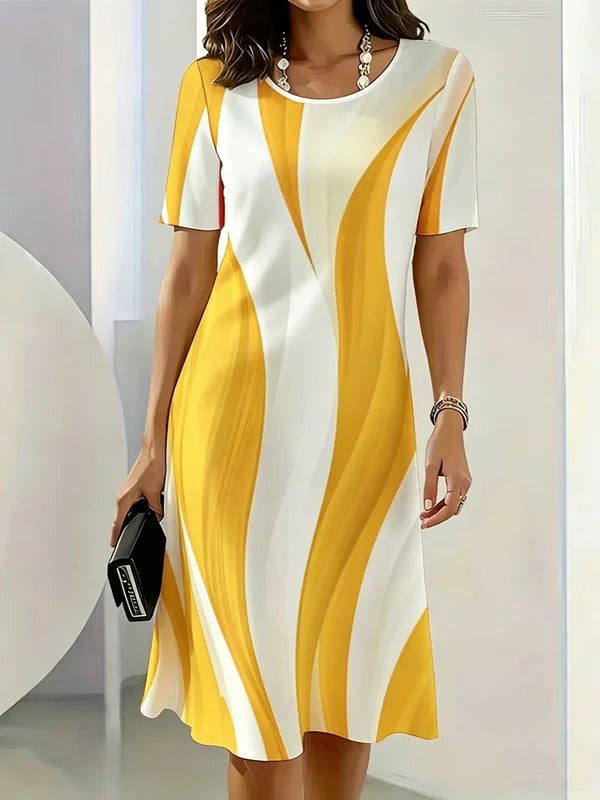 Summer Women Dress Fashion Gradient Striped Pattern Printed Dress Short Sleeve O-Neck Loose Casual A-Line Mini Dress