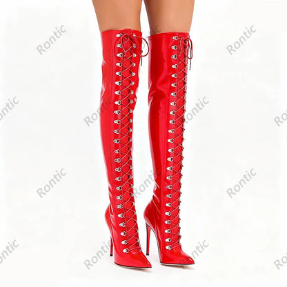 Rontic Custom Crafted Blue Thigh High Boots Stiletto Heel Design Red Detail Laces Pointed Toe Patent Leather Artisan Size 5-15