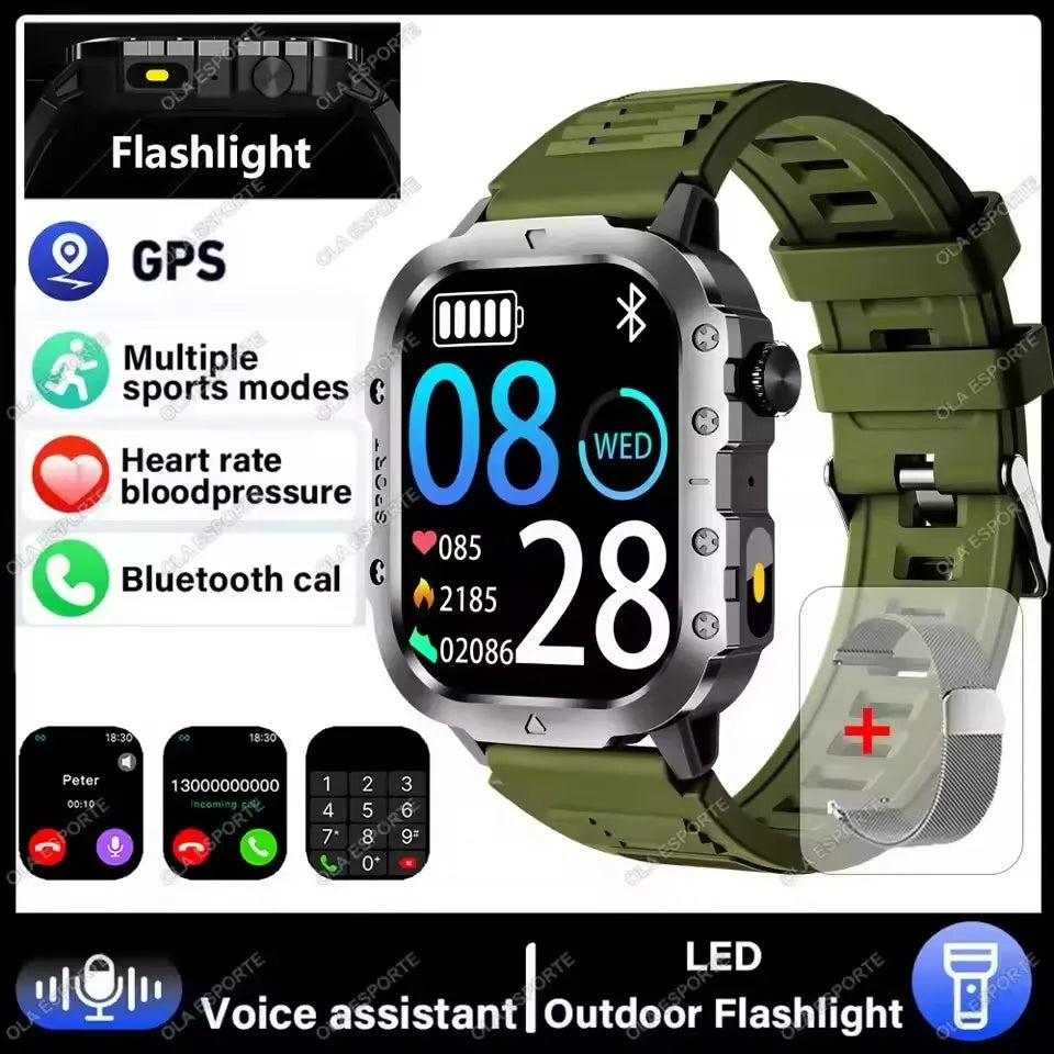 2026 New Military Smart Watch Men 3ATM Outdoor Sports Fitness Tracker Blood Pressure Health Monitoring BT Call GPS Smartwatch