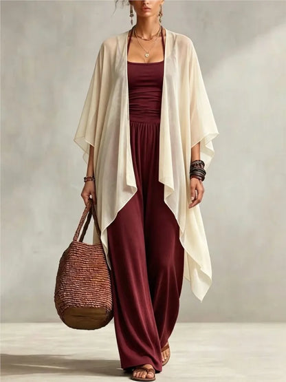 Summer New Sexy Bandeau One Piece Pants Set For Women's 2 Piece Casual Loose Fitting Wide-leg Pants Plus Shawl Tops Set Female