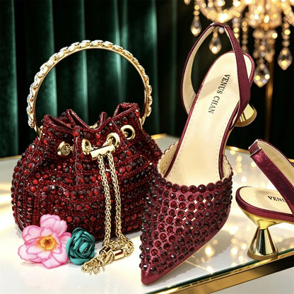 Multicolor Rhinestone Heels & Bag Set | Crystal Pointed Slingback Pumps, Women Wedding Bridal Evening Party Matching Shoes Handb