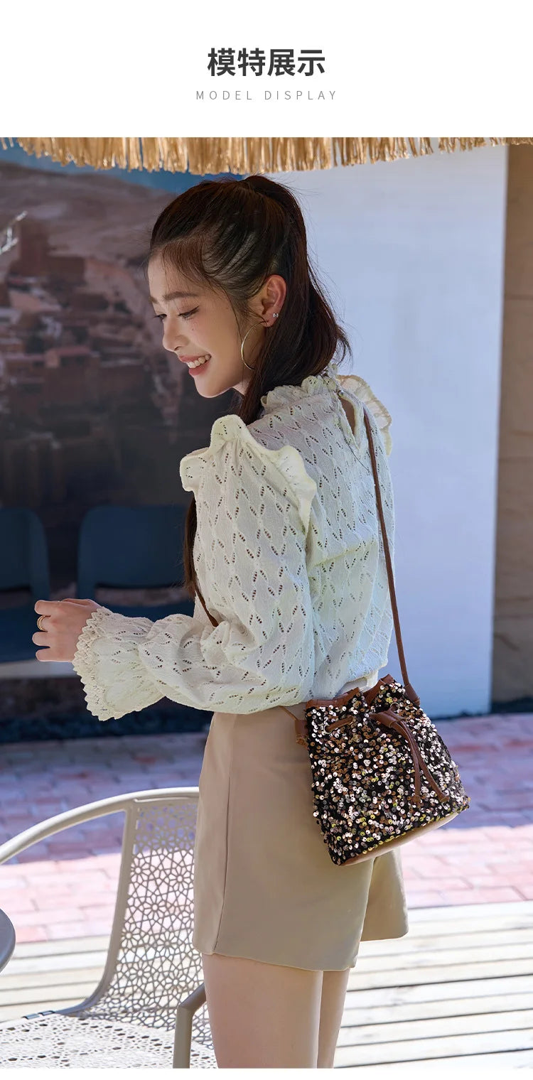 New Chic Multicolor Sequin Shing Shoulder Bag Fashion Versatile Handbag Drawstring Bucket Bag Large Capacity Wallet Purse Bags