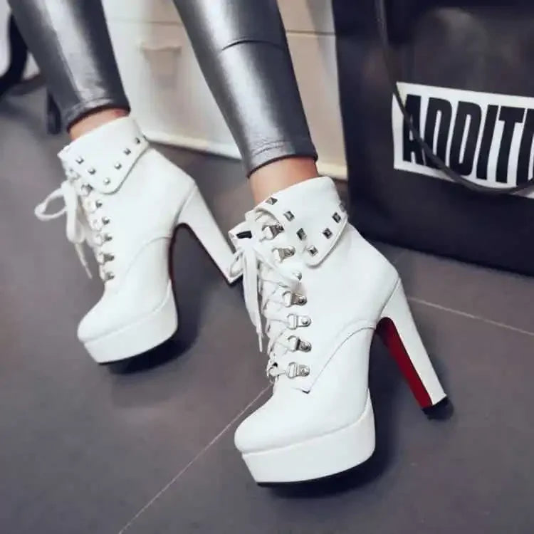Autumn Waterproof Platform Chunky White High Heels for Women Solid Color Round Head Front Lace-up Low Leg Punk Rivet Ankle Boots