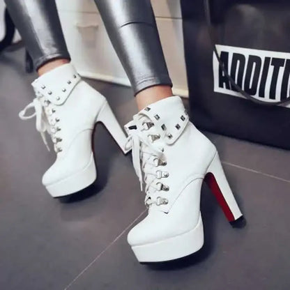 Autumn Waterproof Platform Chunky White High Heels for Women Solid Color Round Head Front Lace-up Low Leg Punk Rivet Ankle Boots