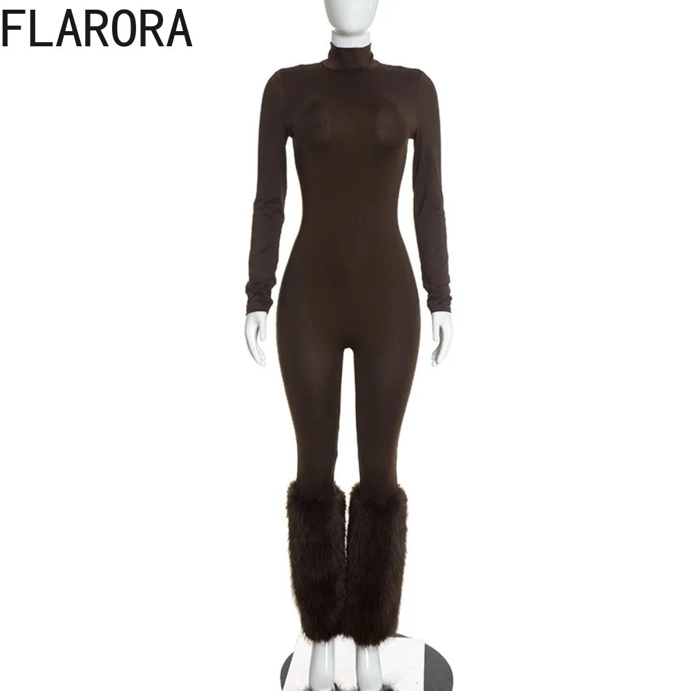 FLARORA Sexy Faux Fur Patchwork Jumpsuits Woman Turtleneck Full Sleeve Skinny Peach Hip Jumpsuit Midnight Party Club Overalls