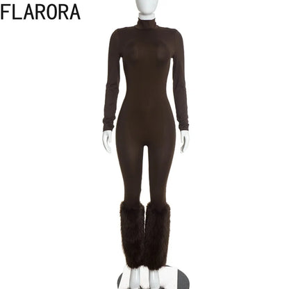 FLARORA Sexy Faux Fur Patchwork Jumpsuits Woman Turtleneck Full Sleeve Skinny Peach Hip Jumpsuit Midnight Party Club Overalls
