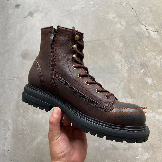 Vintage Thick-Soled Zipper Boots for Men Genuine Leather High-Top Brown Leather Trendy Handmade British Style Men's Boots