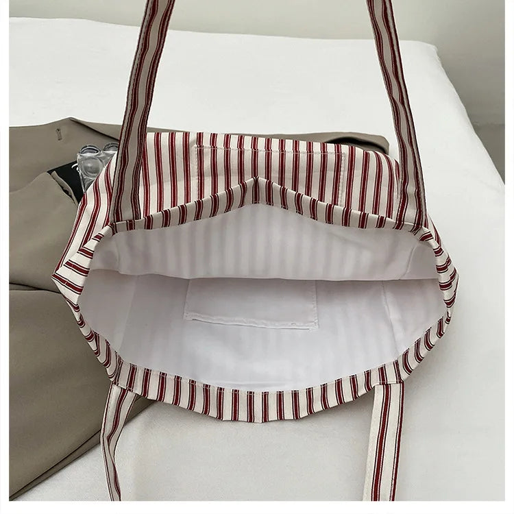 Contrast Color Stripes Women Shoulder Bags Versatile Ladies Large Capacity Tote Bag Lightweight Portable Female Shopping Handbag