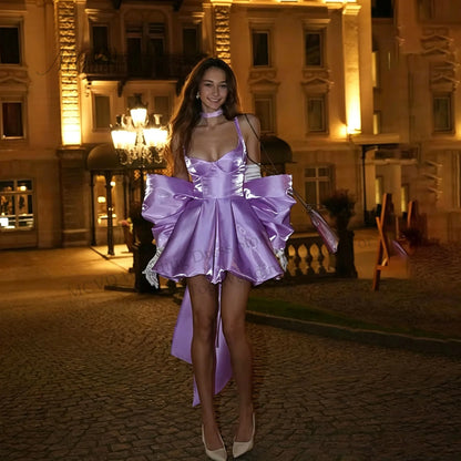 Shiny Short Pink Prom Dress Bow Back Spaghetti Strap Mini Party Dresses A-Line Satin Birthday Dress For Woman 2026 Customized