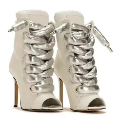 Red White Matte Leather Cross Tied Lace Up Ankle Boots Peep Toe Big Gold Silver Metallic Braided Straps High Heel Booties Shoes