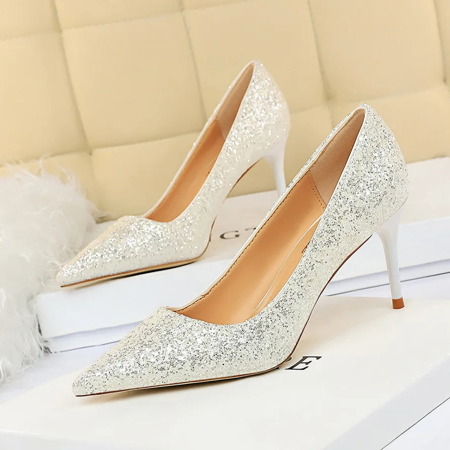 Women 7cm 9.5cm High Heels Pumps Wedding Bridal Scarpins Sparkly Mid Heels Lady Party Sequins Glitter Evening Gold Silver Shoes