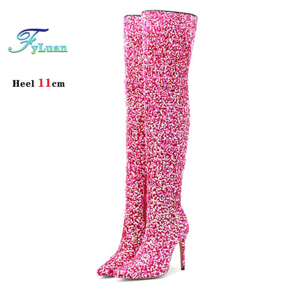 Over-the-Knee Boots for Women Pink Sequins Point Toe Boots Thin High-heeled Purple Thigh Long Boots Sexy Zip Heels Stiletto Shoe