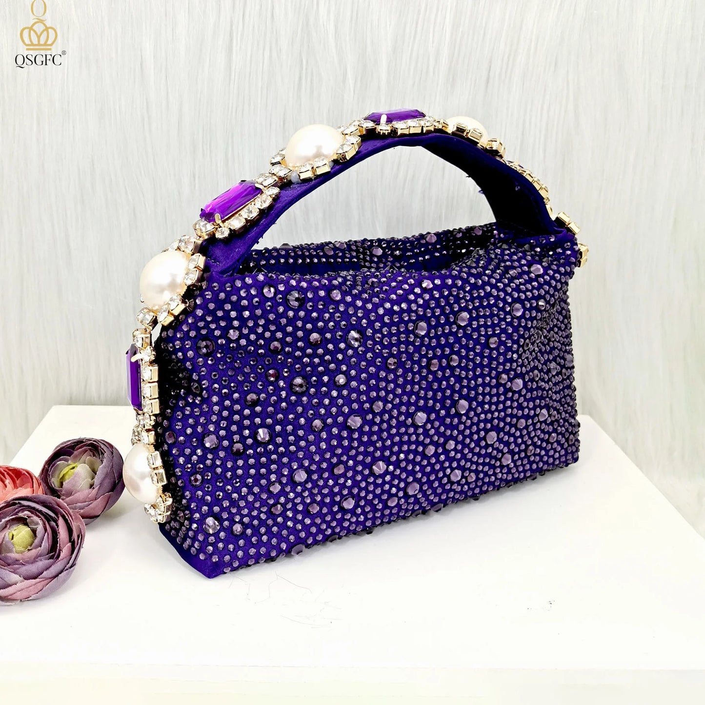 QSGFC 2026 New Fashion Purple Sandals Sequins Rhinestone Point Toe High Heels Slingback Women's Dress Women's Shoes & Bag Set