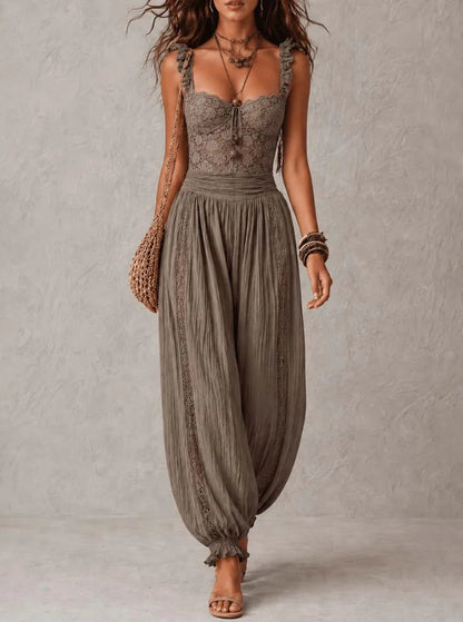 Solid Women Lace Jumpsuits For Spring Summer Sleeveless Slash Neck Loose Fashion Streetwear Overalls Pants Trousers 2026
