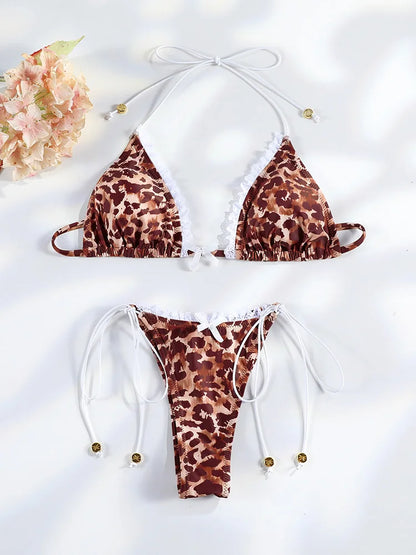 Floral Print Bordered Bikini Set Sexy Swimwear Women 2026 Bikinis Swimsuit Micro Thong Bandage Bathing Suits