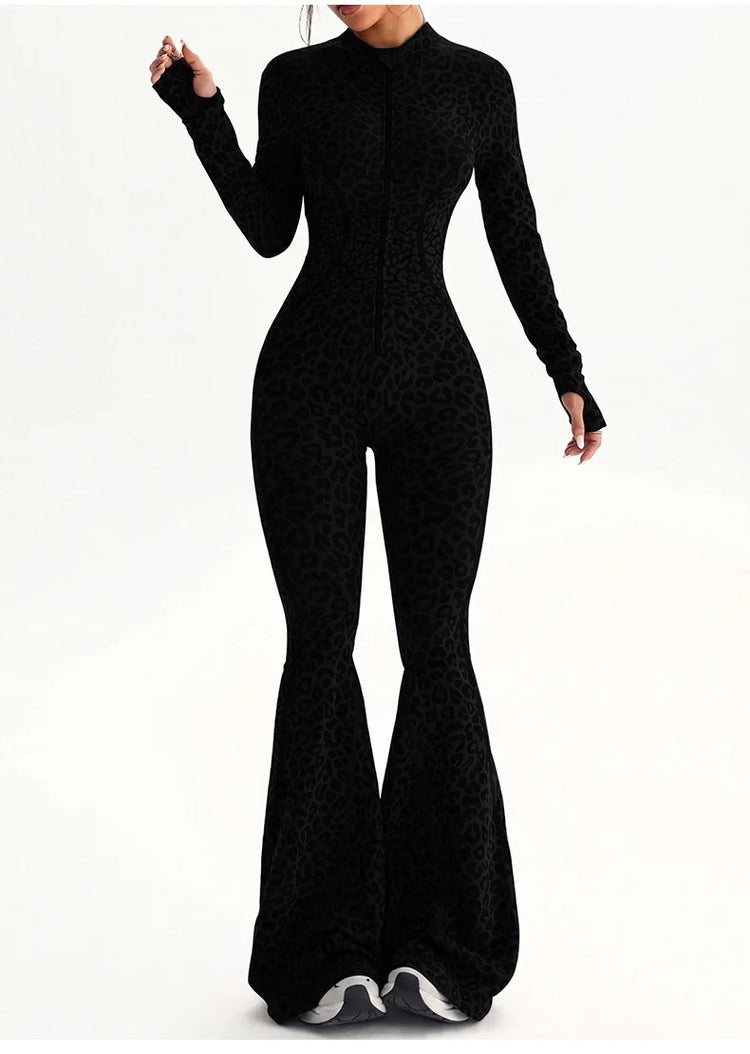 Women Leopard Print Fitness Jumpsuits Long Sleeve Zip-up Gym Sporty Overalls Female One Piece Flare Pants Running Yoga Tracksuit