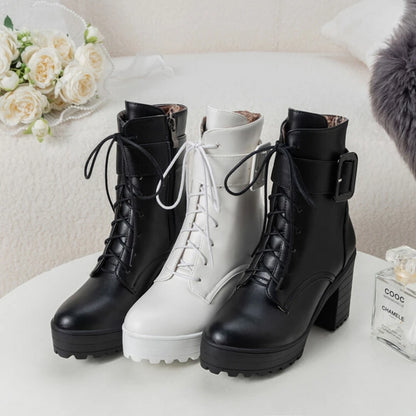 SIMLOVEYO Mortorcycle Ankle Boots Buckles Round Toe 9cm Block Heel Lace Up White Black Big Size 42 43 US12 Fashion