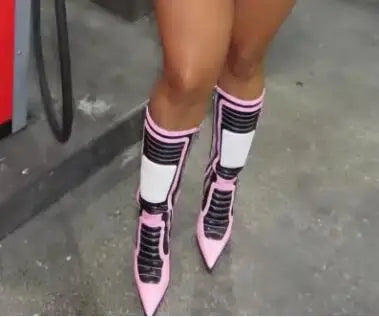 Pink White Black Patchwork Leather Motorcycle Knee High Boots Women Pointed Toe Thin Heels Run Way Long Riding Boots Shoes Lady