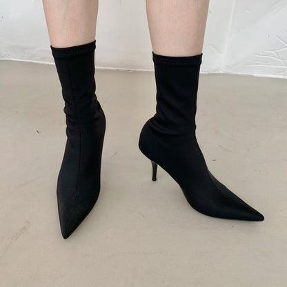 2026 New Spring Autumn Stretch Fabric Women Ankle Boots Sexy Pointed Toe High Heels Fashion Female Socks Pumps Shoes