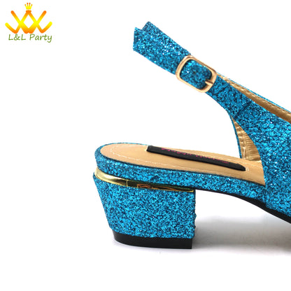 Pink New Arrivals Nigerian Women Shoes and Bag Set Italian Design Low Heels with Crystal Peep Toe Sandals for Party