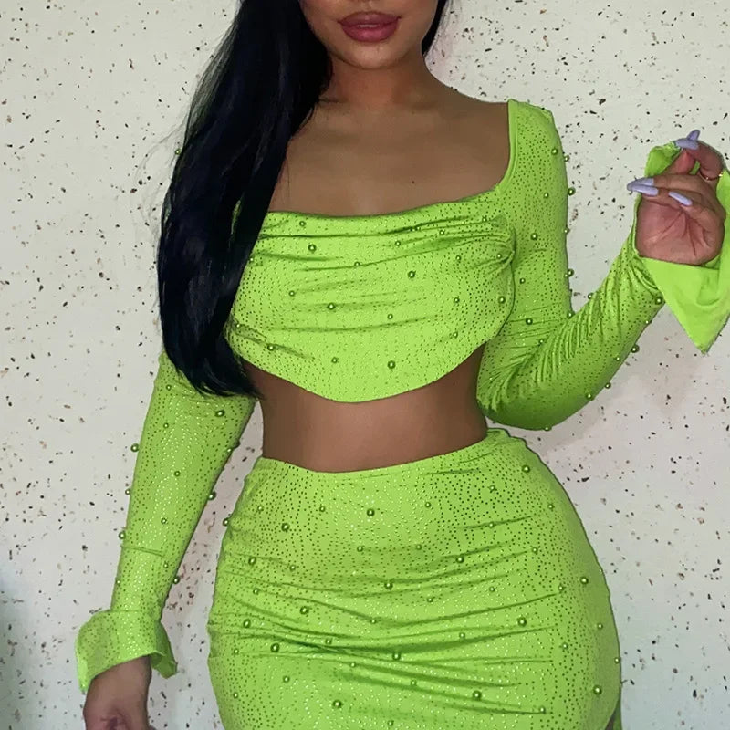 Luxury Y2k Bodycon Sexy Two-piece Set Skirt Sets Sequins Pearls Women Outfits Evening Party Gowns Chic Dresses Short Suits White