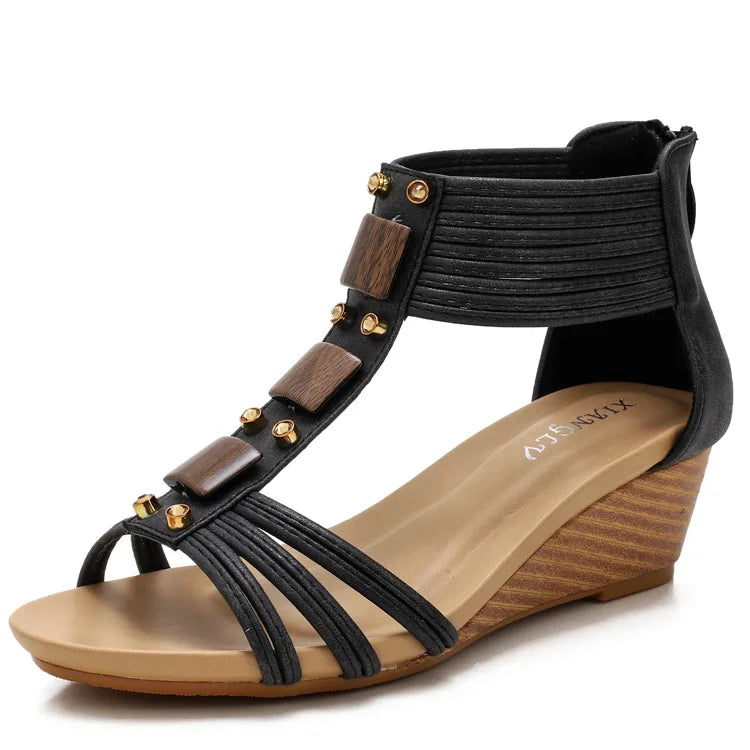 High quality leather flat sandals for women 5cm mid heel with beading summer 2026 36 42 open toe casual vintage shoe black beige