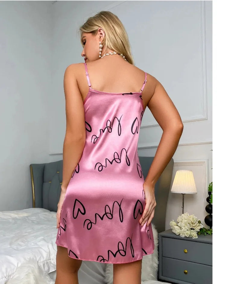 Ladies Sexy Sling Nightgown Nightdress Women's Sexy Lingerie Silk Satin Sleepwear Floral Pinting Nightwear Homewear Mini Dress