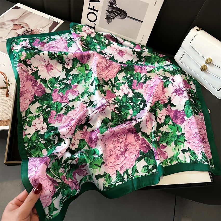 New Luxury Women Silk Scarves Square Flower Plants Printed Shawl Bandana Designer Scarf Headband Lady Fashion