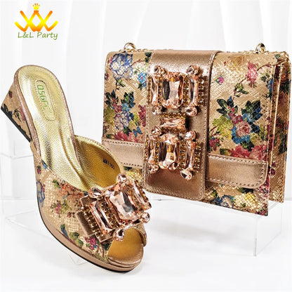 Italian New Arrivals Shoes and Bag Set in Green Color High Quality Specials Design Slipper with Crystal for Wedding Dress