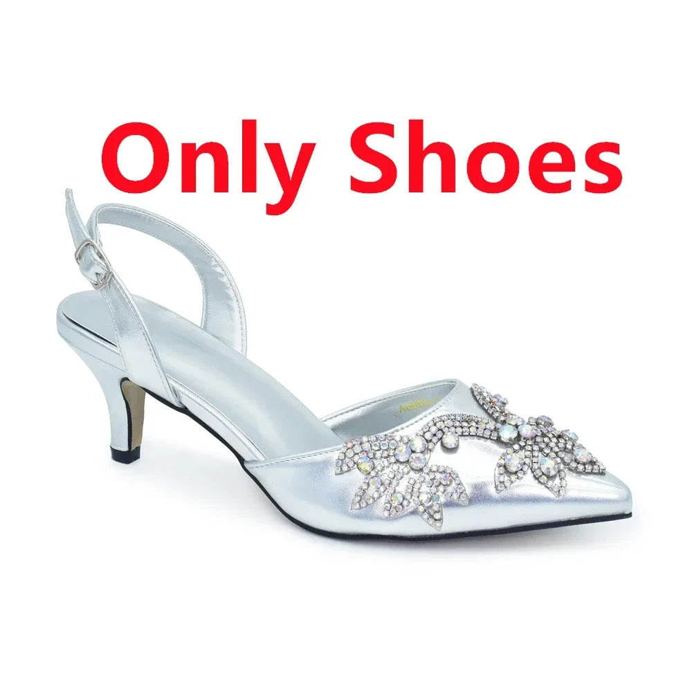 New Fashion Women Shoes and Bags To Match Set Nigeria Party Full Diamond Decoration Metal Closure Shoes for Party Luxury Pumps