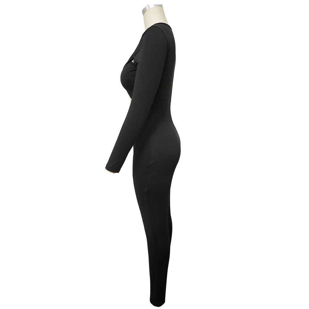 CM.YAYA Women Hollow Out Cross Sexy Party Clubwear Long Sleeve Jumpsuits 2024 Winter Autumn Street Crop One Piece Suit Rompers