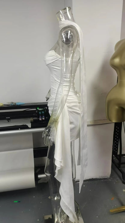Suninheart Elegant Strapless Corset Dress Sexy White Satin Mini Draped Dress with Scarf Women Cocktail Party Dresses