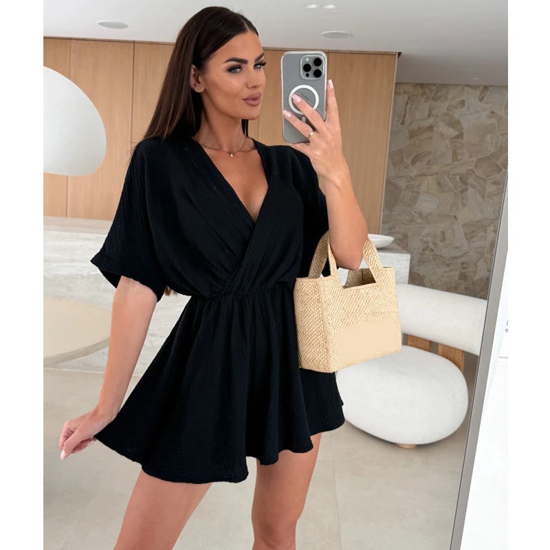 Women's Playsuits Summer 2026 Beach V Neck Short Sleeve Women's Jumpsuits Shorts Loose Casual Simple Vacation Women's Rompers