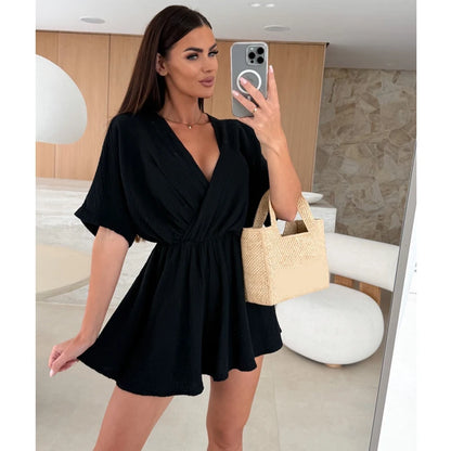 Women's Playsuits Summer 2026 Beach V Neck Short Sleeve Women's Jumpsuits Shorts Loose Casual Simple Vacation Women's Rompers